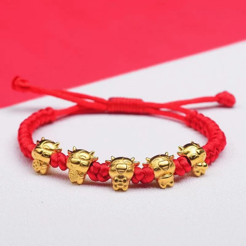 

It's a Five Blessing Ox Bracelet in Year of the Ox's Life. Women's National Style Copy 100% Real Gold 24k Jewelry Red Rope Lover