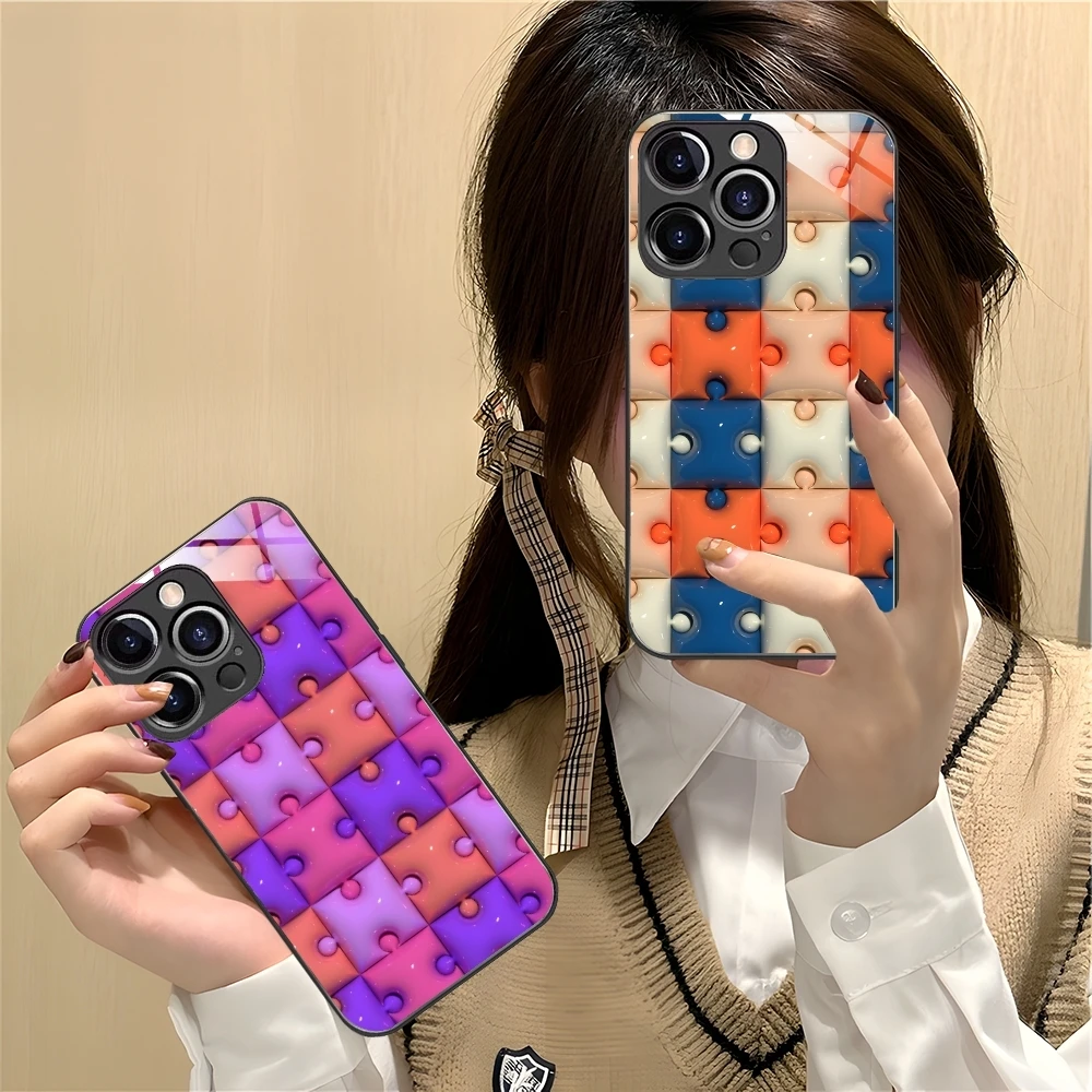 Puzzle Fashion Pretty Mobile Cell Phone Case for iPhone 16 15 14 13 12 11 X XR XS 8 Pro Max Plus Mini PC Glass Cover Shell