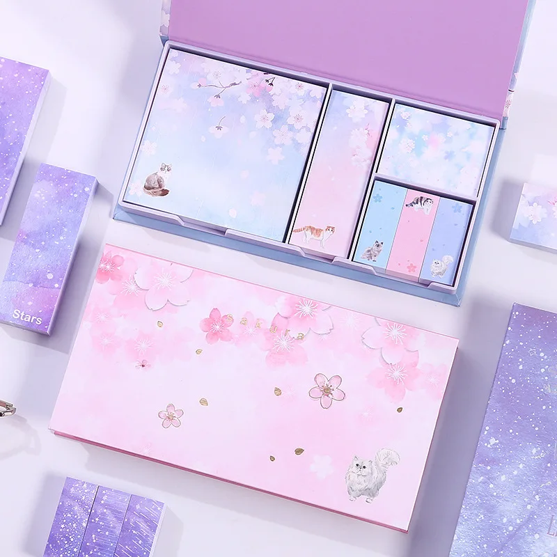 Набор подарочных блокнотов Memo Pad Delicate Gift Box Set Sakura Cat для школьных принадлежностей с многопрофильной липкой бумажкой Sticky Note Paper.