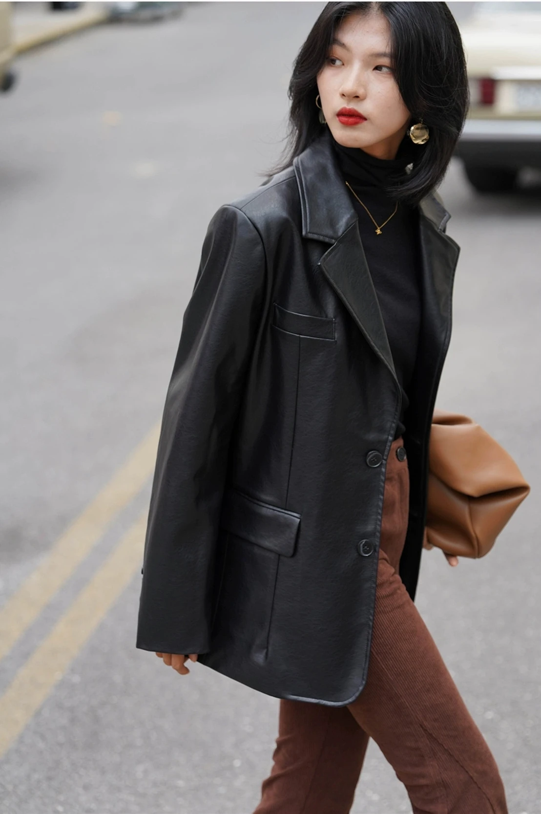 Black Suit, Leather Coat, Female Senior, Autumn  Winter, Medium  Long Style, Fashionable Motorcycle Coat, Female Cool Formal