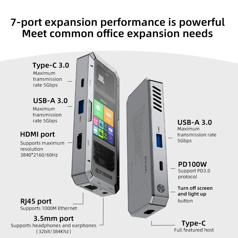 Фото Многофункциональная док-станция PIVA G71 7-в-1 для киберспорта: USB-C хаб, адаптер с HDMI 4K 60Гц, USB 3.0, 3.5 мм AUX, 7 портов, сплиттер №4