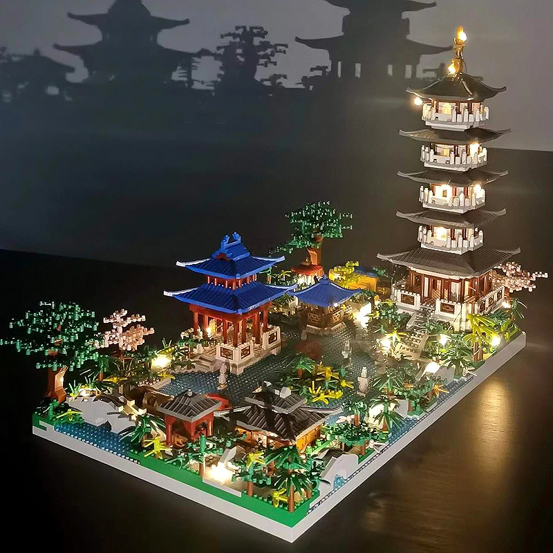 

5186PCS Chinese Architecture Micro Building Blocks Tower West Lake Trees DIY Diamond Bricks with Light Toy for Kids Adults Gifts