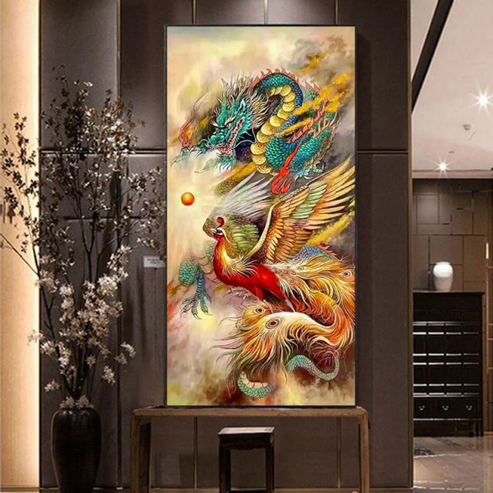 Chinese Dragon And Phoenix 5D Diamond Painting Kit Mythical Animal  Embroidery Full Square/Round Diamond Mosaic Home Decor Gift