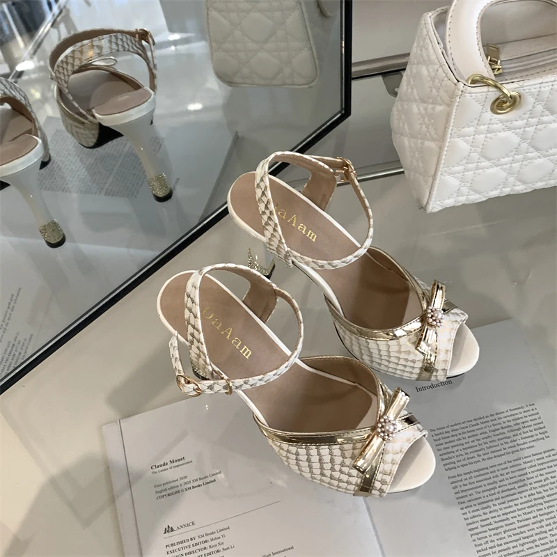 Women Green Sandals Classic Pearl Bow New In Dresses Shoes Designer Party Platform Sandals Summer 2023 Ladies High Heels