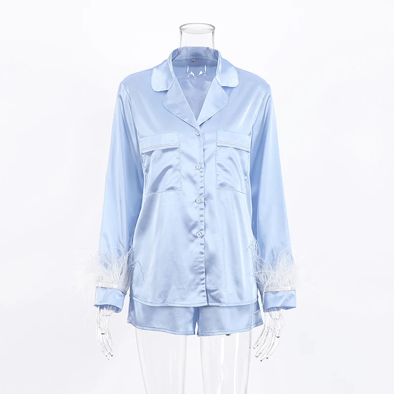 Removable Feathers Pajamas Women 2 Piece Set Long Sleeve Turn Down Collar Tops Pockets Casual Night Suits With Shorts Summer
