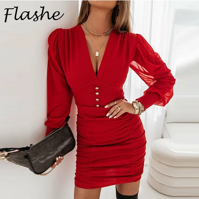 

Женское платье с длинным рукавом, Красное Облегающее Платье с V-образным вырезом, повседневное мини-платье Вечерние сетчатым рукавом, 2023