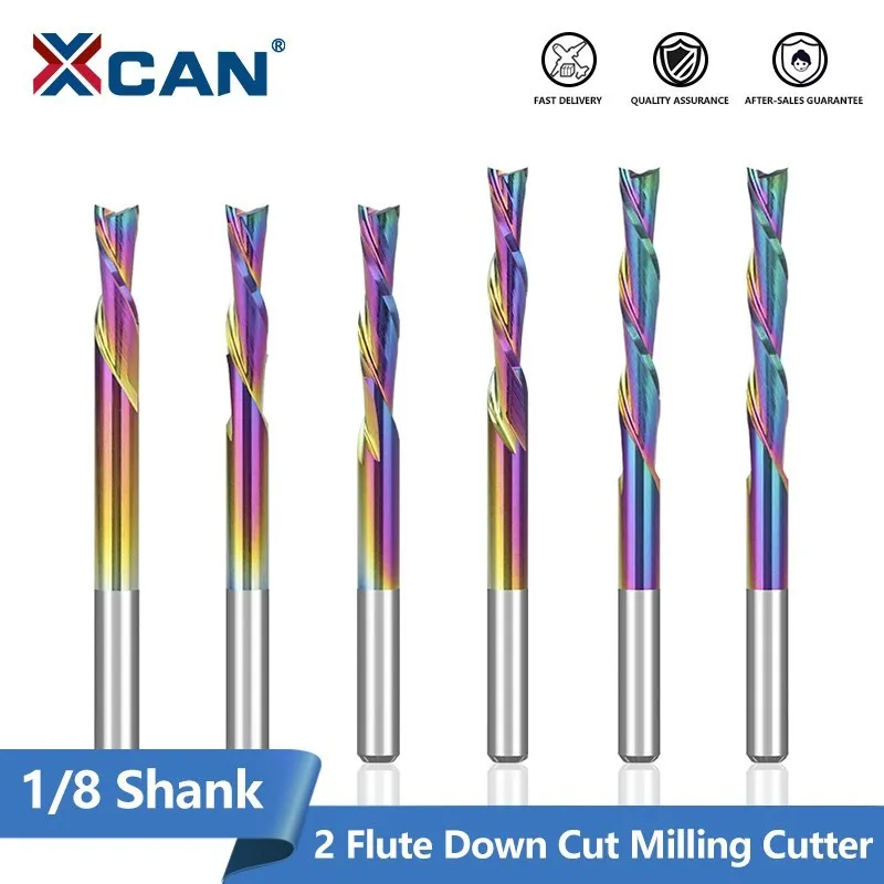 

XCAN CNC Engraving Bit 1/8 Shank Spiral Router Bit 2 Flute Down Cut Milling Cutter Super Coated Carbide End Mill for Woodworking