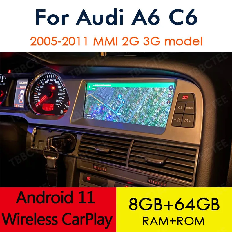 

Android 12 Wireless CarPlay 8+64GB For Audi A6 C6 4f 2005~2011 MMI 2G 3G Car Multimedia Player GPS Navi Stereo WiFi Bluetooth