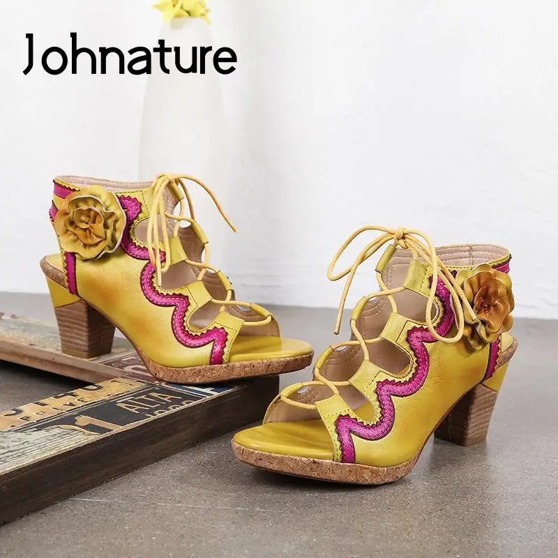 

Johnature 2022 New Spring Retro Front Lace Sandals Peep Toe Handmade Floral Comfortable Genuine Leather Lady Shoes