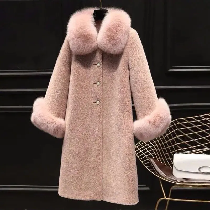 2023 Autumn Winter Faux Fur Coat Women Imitation Sheep Shear Mid-Length Big Hair Collar Loose Warm Particles Fluffy Coats Female