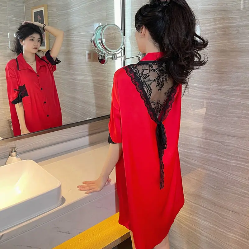 Net red ice silk nightdress female 2023 new summer short-sleeved thin style senior sense plus size shirt sexy sleep dress