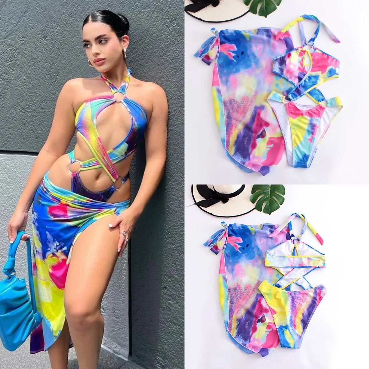 

Новинка 2023, Женский Цельный купальник с цветным ореолом, костюм из трех предметов, дизайн с кольцом