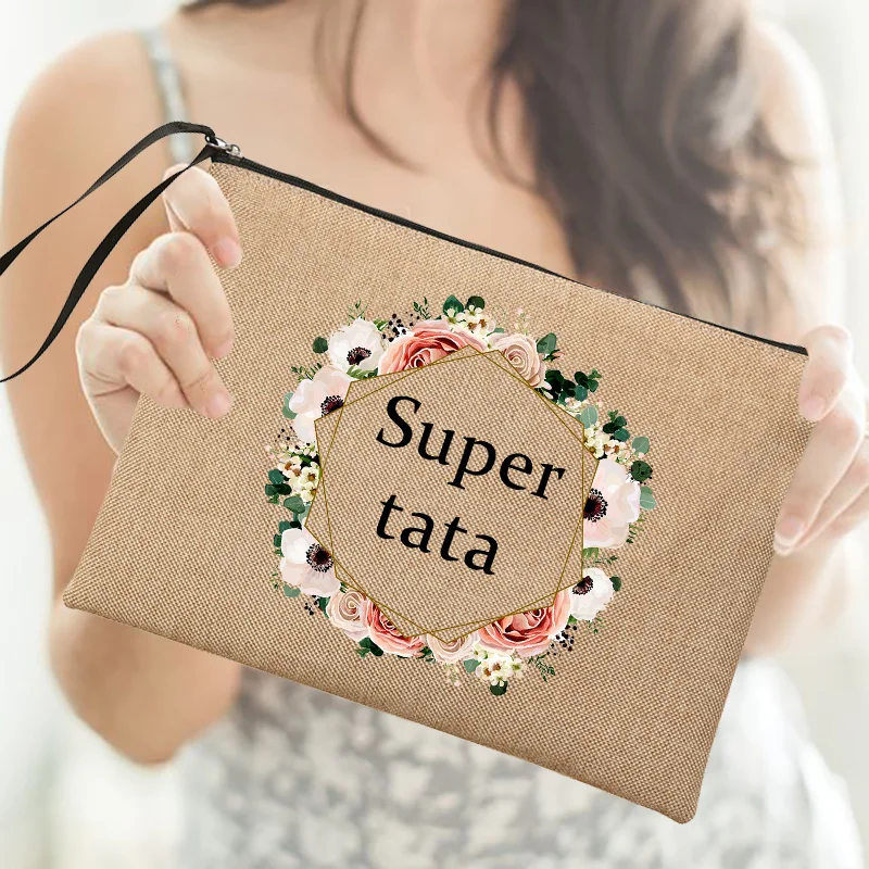 

Super Tata Wreath Print Linen Zipper Pouch Travel Toiletry Organizer Cosmetic Bag Women Neceser Makeup Bags B Gifts for Tata