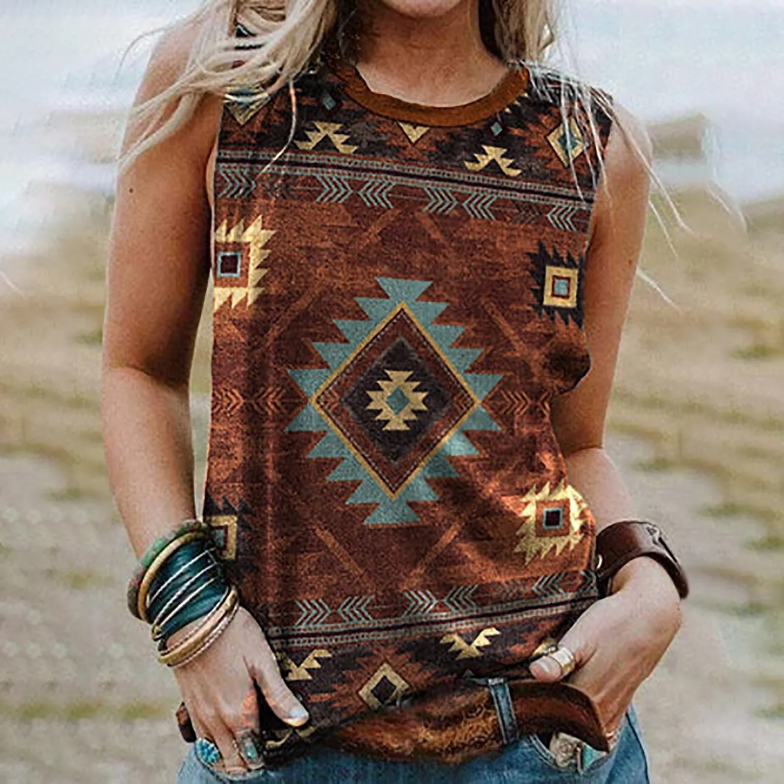 

Women's Aztec Tanks Sexy Sleeveless Shirt Vintage Tee O-neck Vest Summer Shirts Tops For Women Nordic Retro Blouse Pulovers Tops