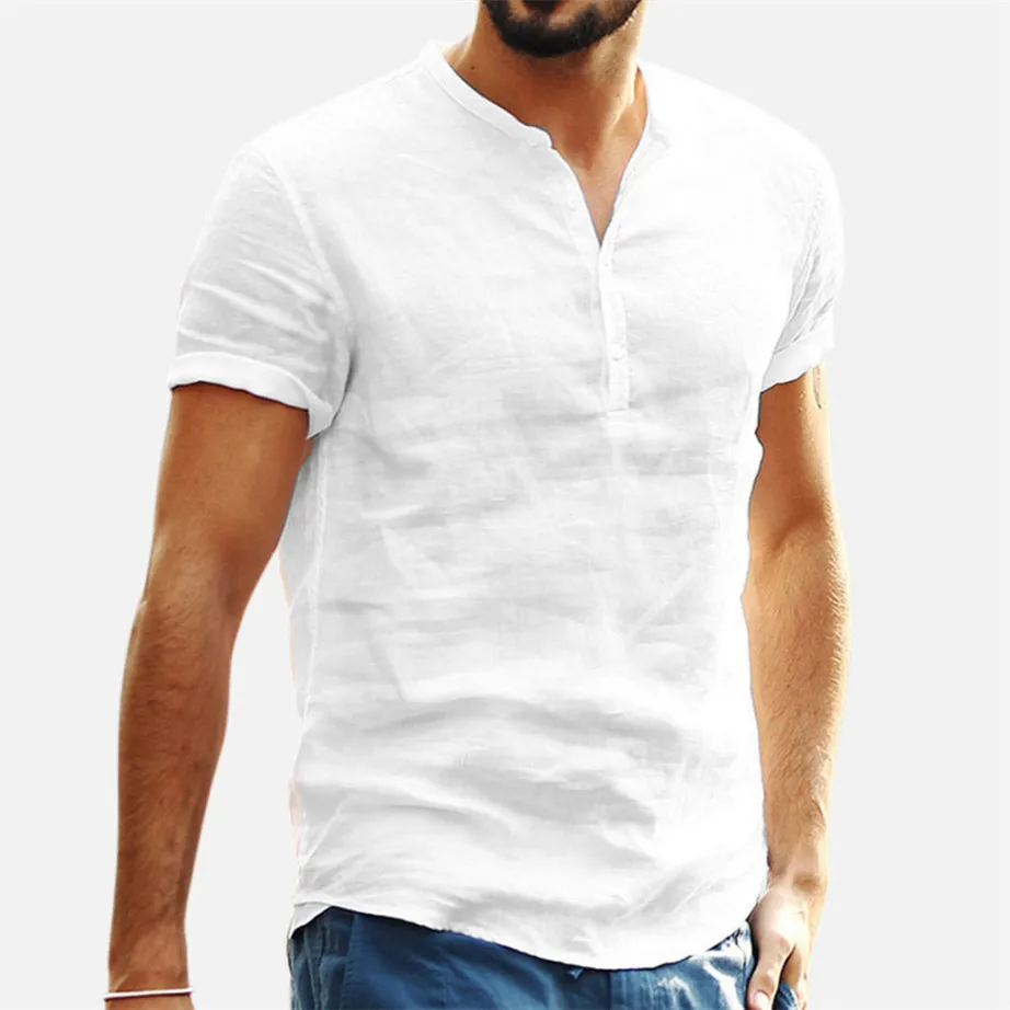 

JIERAN 2023 New Men's Standing Collar Cotton Linen Short Sleeved Shirt Men's Designer Clothes Popular Tops for Men
