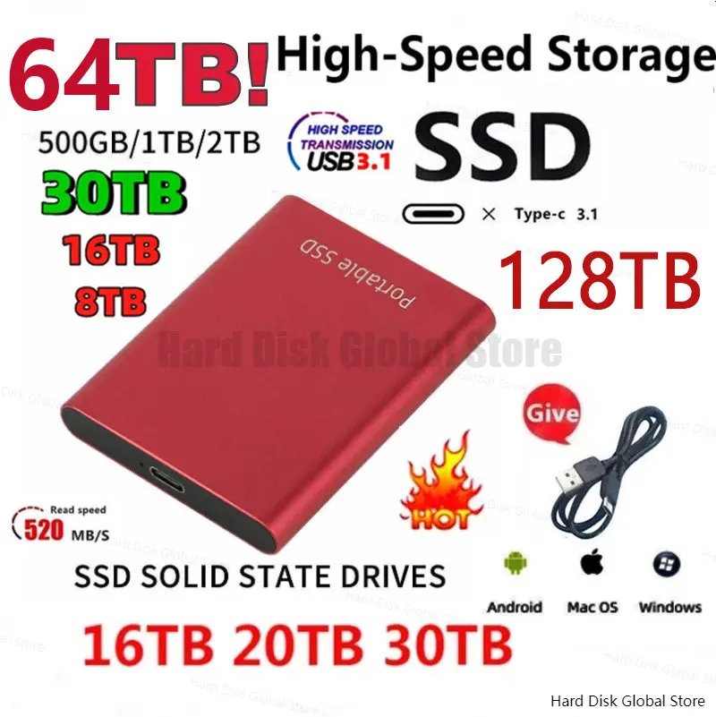

SSD HDD 128TB 1TB 2TB Portable External Hard Drive 2TB 4TB Solid State Drives 500GB Hard Disk USB 3.1 4TB SSD For Laptop PS4