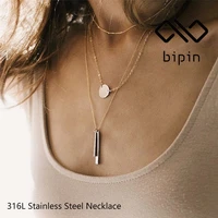 bipin 316l gold multi layer simple stainless steel vertical bar pendant necklace womens jewelry necklace