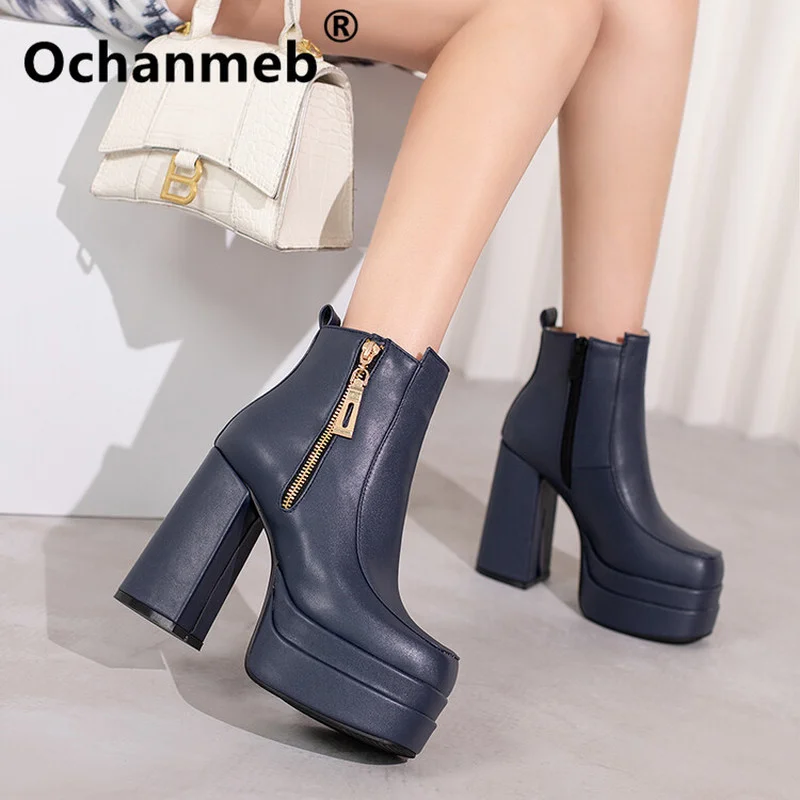 

Ochanmeb Largest Size 49 50 Women Chic Platformed Chunky High Heels Goth Boots Punk Zipper Square Toe Navy Blue Motorcycle Boots