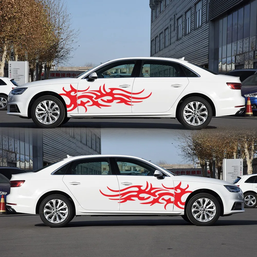 

Wholesale 2PCS Side Door Line Interesting Vinyl Decal Fire Element Stripe Totem Car Stickers to Decorate New Car Accessories
