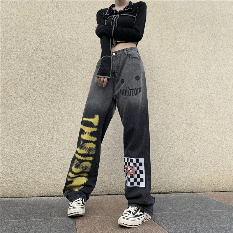 Men Jeans Ins Retro Gradient Black and White Plaid Letter Printing Casual Loose Jeans Men and Women Pants Y2k Pants Ins Hot Sale