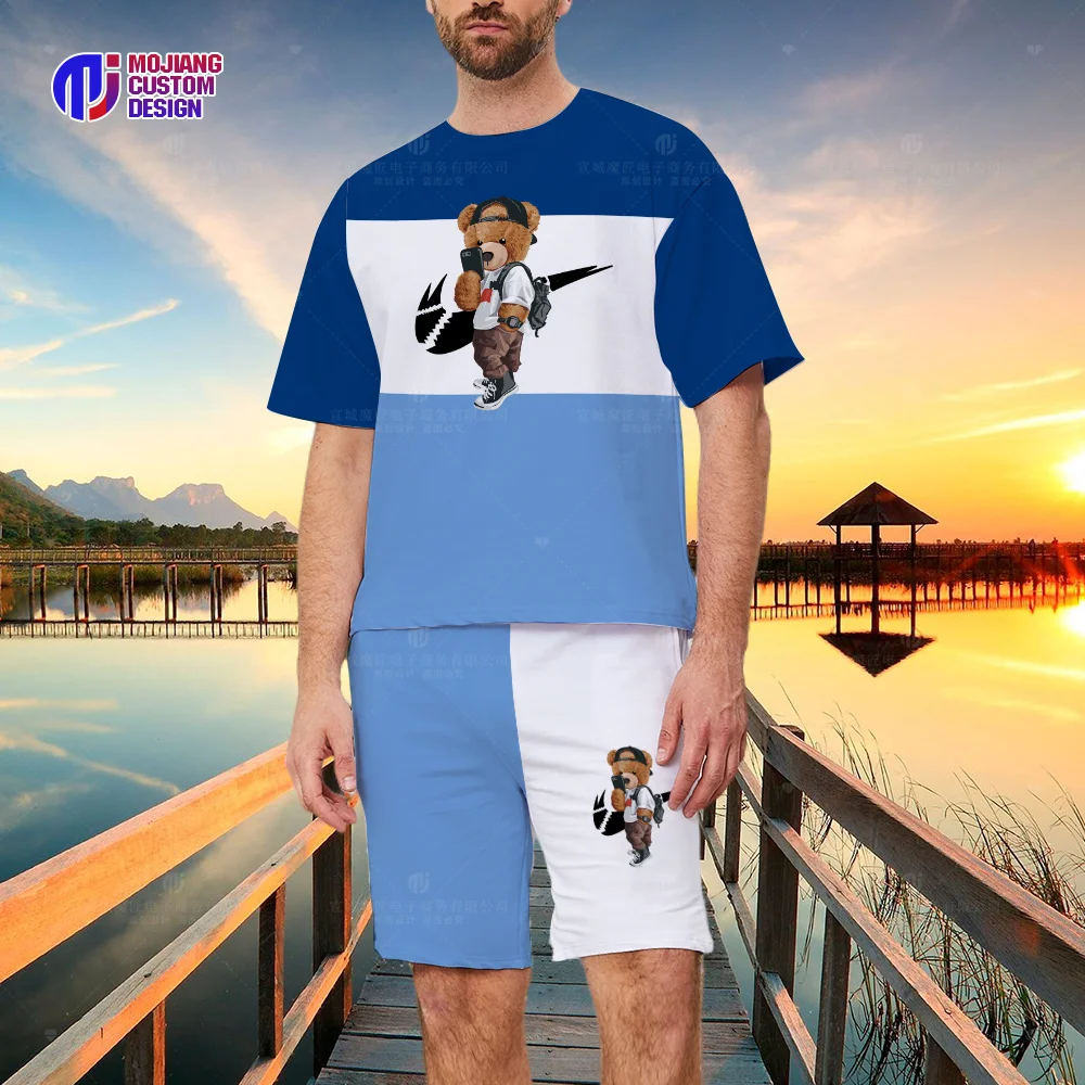 New 2023 Sports Brand Bear Letters Men's T-shirt Suit Fashion Sportswear 3D Printing Loose Beach Shorts Shorts Casual Hello Patt