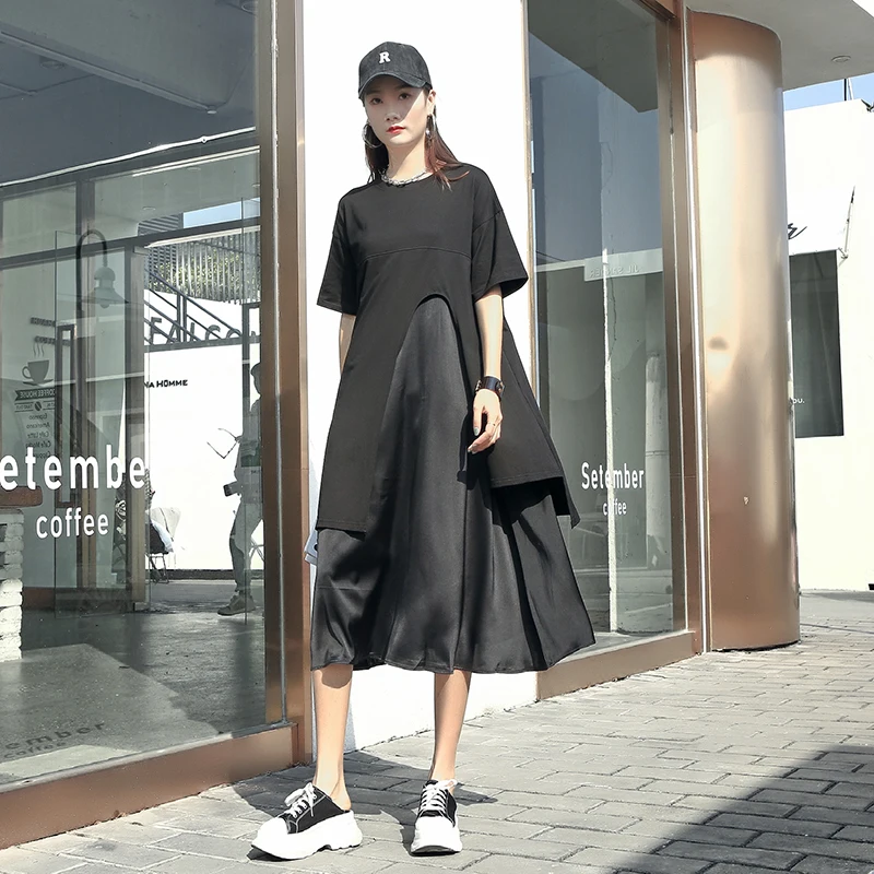 

220230 Summer Dress Fashion New Women Split Pullover Goddess Fan Loose Elegant Fake Two Piece Dress Tide