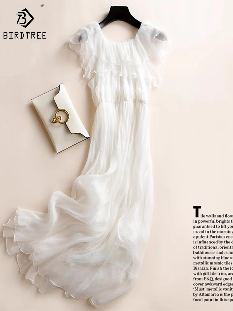 

Женское летнее платье из 100% натурального шелка Birdtree, белое элегантное Пляжное Платье макси с оборками, вечерние, D37640QM