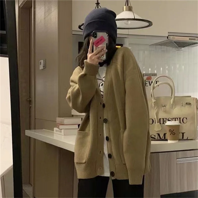 

Весенний вязаный кардиган для женщин 2023 с v-образным вырезом Осень Зима Джемперы Длинная Верхняя одежда с карманами свитера Макси Y2k свитер пальто куртка