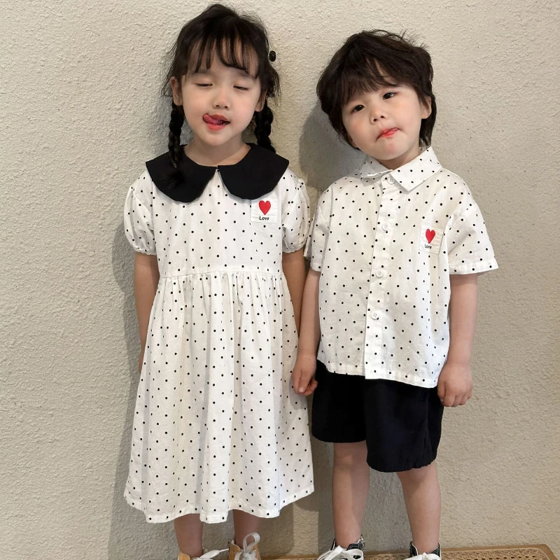 

2023 Summer Kids Clothes Boys' Pure Cotton Polka Dot Short Sleeve Shorts Set Girls' Sweet Dress Brother and Sister Siblings Set