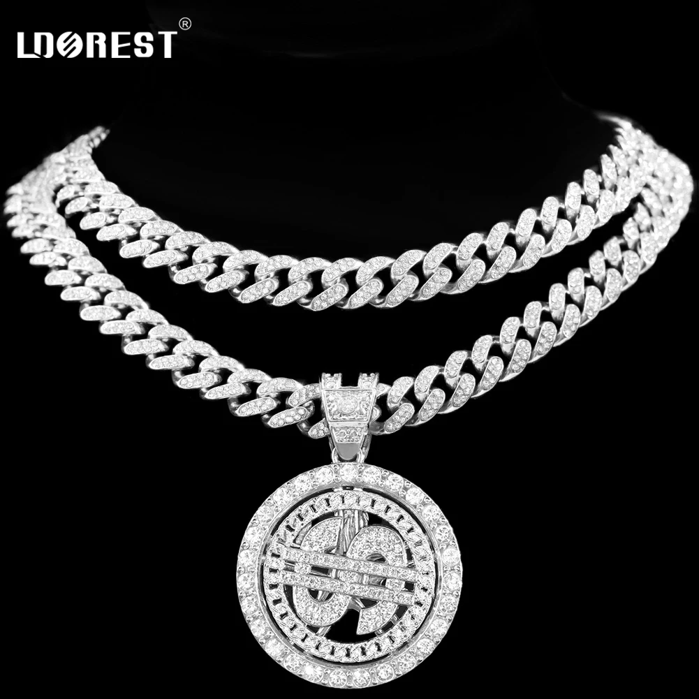 

Men Women Shiny Dollar Sign Round Pendant Necklace 13mm Miami Cuban Link Chain Bling Rhinestones Cuban Chain Hiphop Rock Jewelry