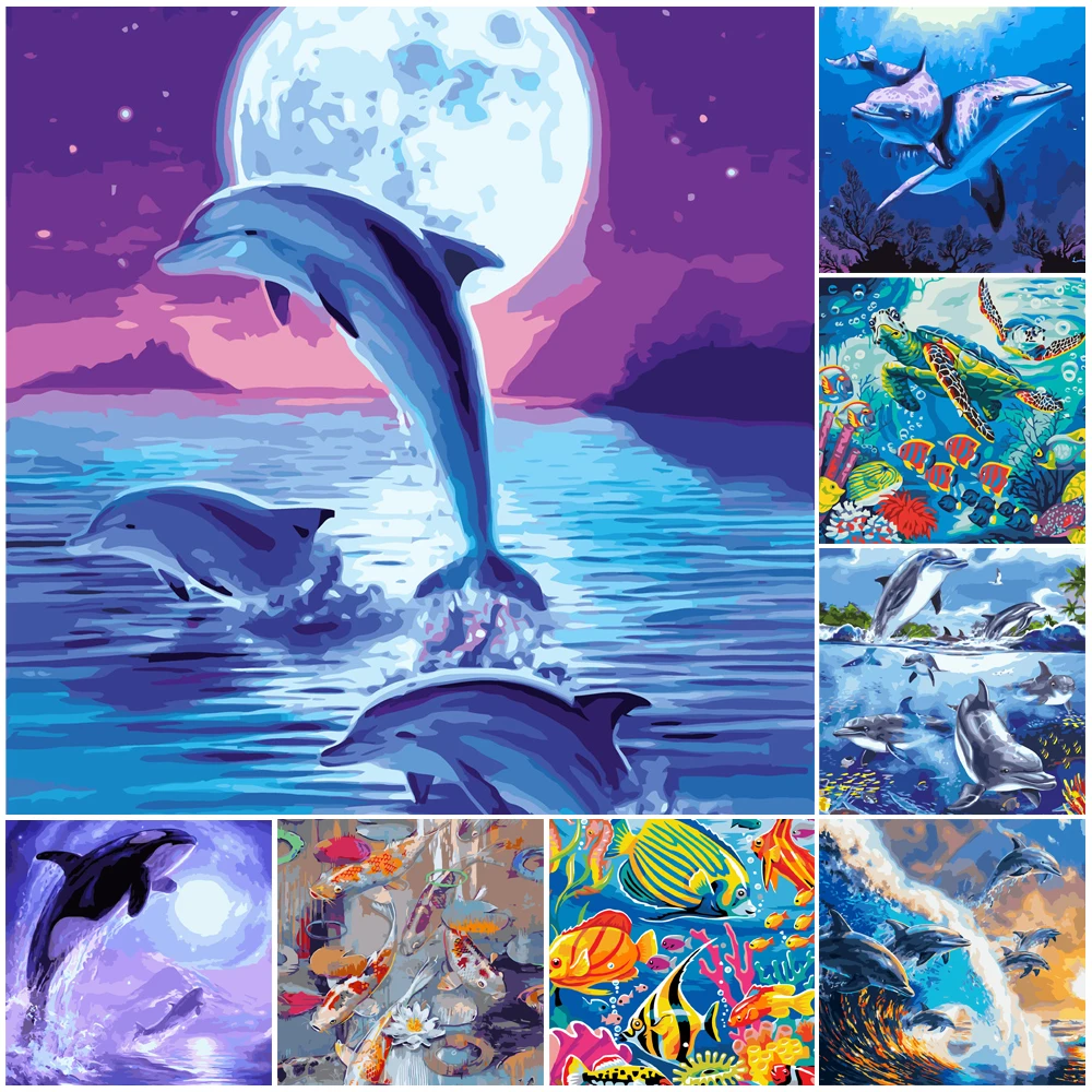 

DIY Painting By Numbers Animal Fish Dolphin HandPainted Oil Painting Drawing On Canvas Kill Time Unique Gift Home Decoration