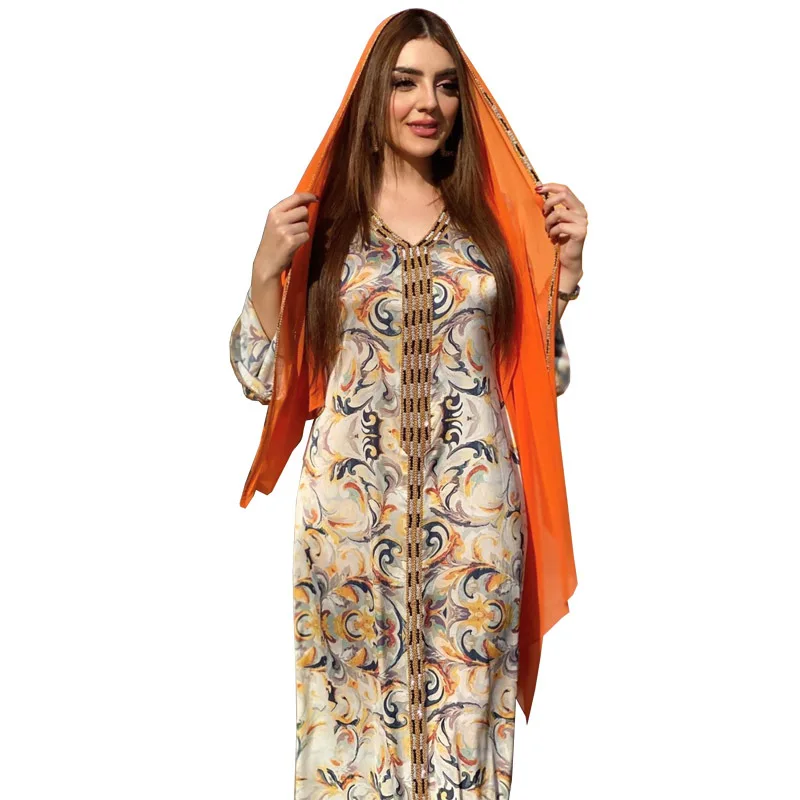 2023 New Print Pin Gold Beaded V-Neck Long Dress Arabic Robe Abaya Muslim Women's Dress Gives Headband Moroccan Kaftan