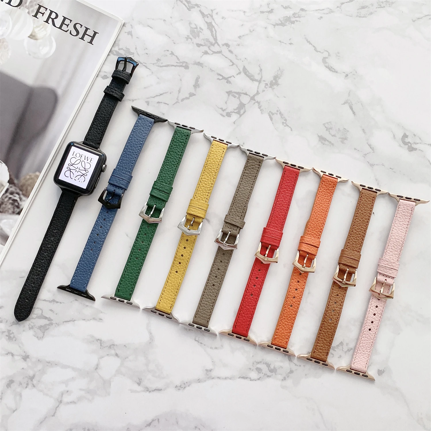 

Slim Leather Strap for Apple Watch Band 45mm 41mm 44mm 40mm 42mm 38mm Lychee Pattern Bracelet Loop Belt for iWatch 7 SE 6 5 4 3