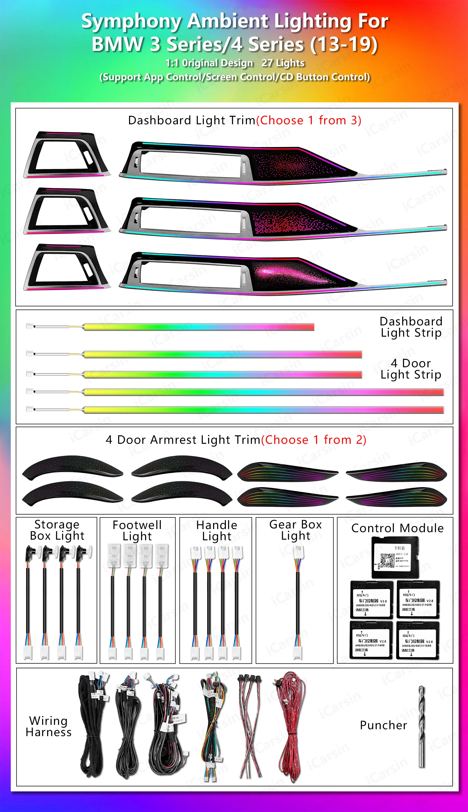 

F30 F36 Обновление окружающего освещения для BMW 3/4 серии Gran Coupe, динамические 64-цветные аксессуары для внутреннего светодиодного освещения