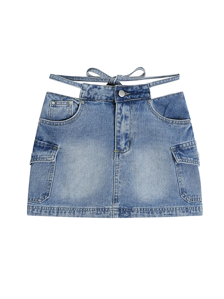 

Vest Tops and Denim Jeans Korean Fashion Turtleneck Sleeveless Short White Slim Vest Sexy High Waist Lace-Up Skirts with Shorts