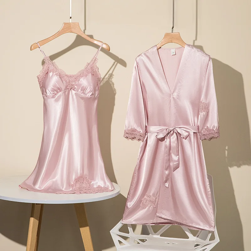 [With chest pad] pajamas women's summer ice silk nightgown sexy two-piece nightdress suspenders spring and autumn bathrobe silk