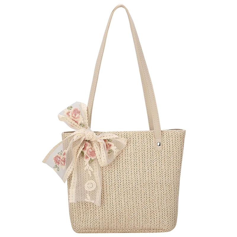 

Women Summer Straw Bags Lace Bow Bag Large Capacity Casual Tote Bags Beach Travel Handbag
