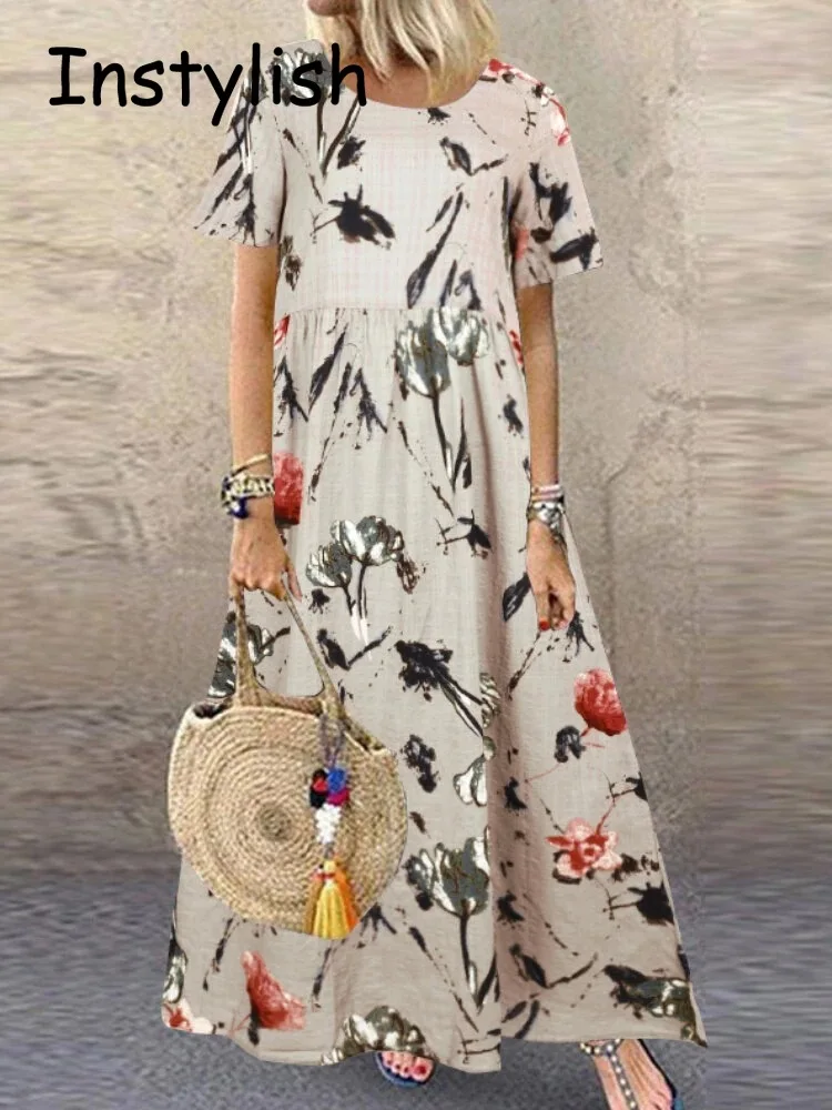 Винтажное платье-макси с цветочным принтом коротким рукавом и круглым вырезом -