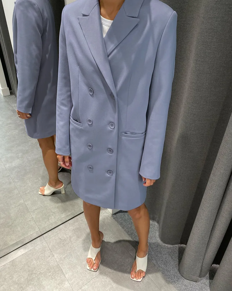 Women Office Blazer Dress Double Breasted Elegant Fashion Blue Casual Suit 2021 New Long Sleeve Solid Colors Work Blazer Dresses