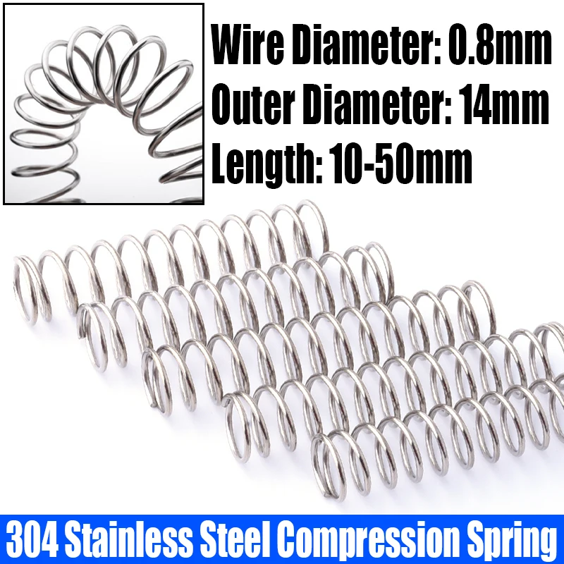 

10PCS 0.8mm Wire Diameter Compression Spring 304 Stainless Steel Pressure Spring Return Spring 14mm Outside Diameter L=10-50mm
