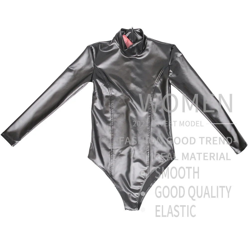 

Men Women Faux Leather Leotard Sexy Body Sculpting Long Sleeved One Piece Costume Siamese Sport Fitness