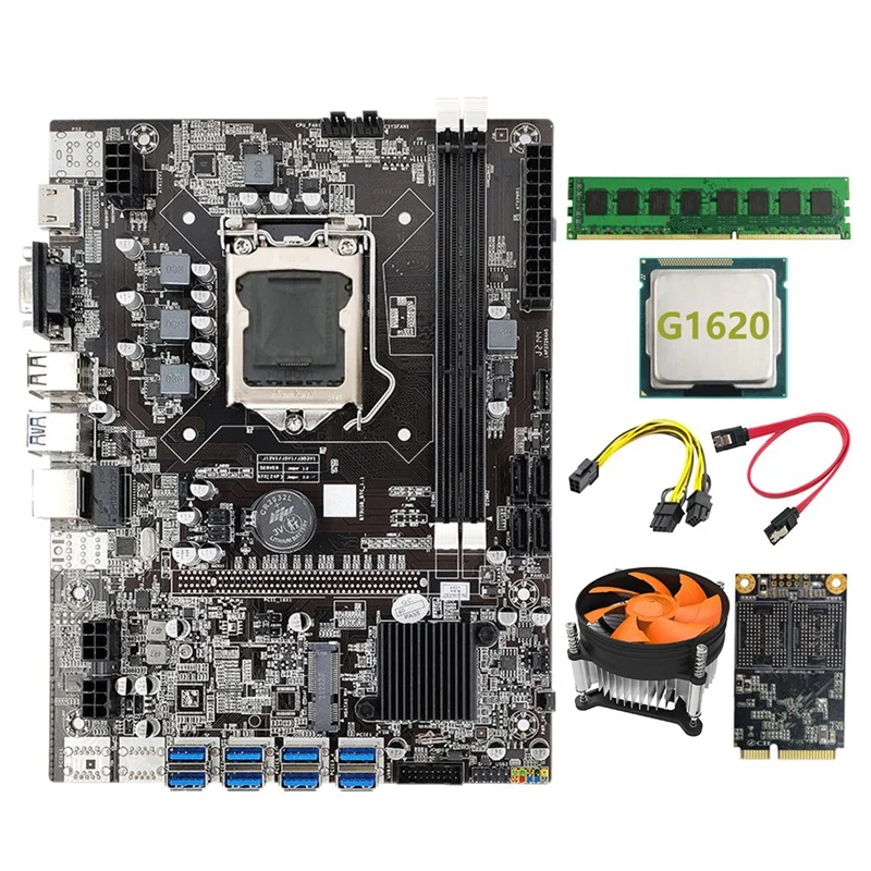 

B75 BTC Mining Motherboard LGA1155 8GPU USB3.0 To PCIE+G1620 CPU+DDR3 4GB 1600Mhz RAM+SATA Cable+Cooling Fan BTC Bitcoin