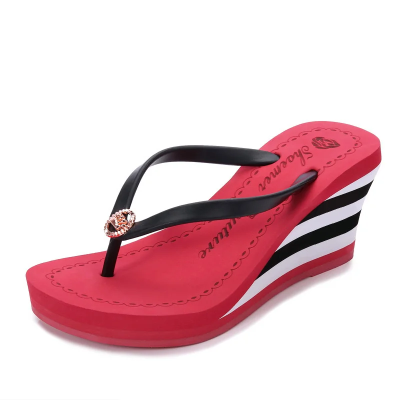 

Red Black Wedges Shoes For Women Sandals Plus Size High Heels Summer Shoes Flip Flop Chaussures Femme Stripe Platform Sandals