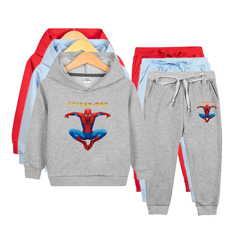 Boys Spiderman Clothes Set Spring Autumn Girls Hooded Sweatshirt with Trousers 2Pcs Children Cartoon Sportswear 2-10Y Outfits