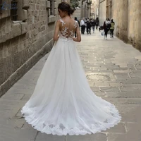 bohemian illusion back appliques wedding dresses sleeveless wedding gown robe de mari%c3%a9e for women button tull lace court train