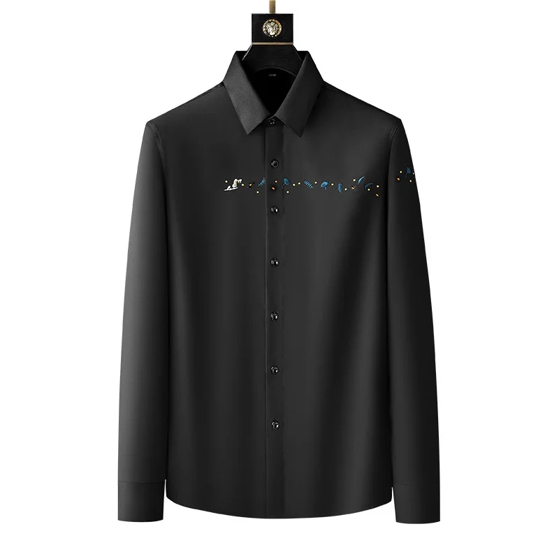 

Рубашка мужская с отложным воротником и длинным рукавом, модная повседневная сорочка с черным принтом, осень