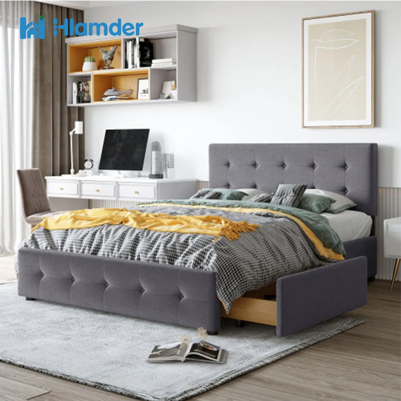 With Four Drawers, Modern Platform Bed Frame With Headboard And Support Slats,no Box Spring Is Required