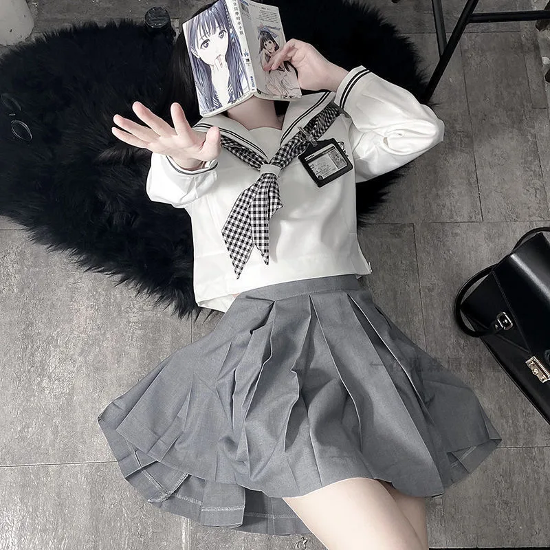 

Students Kansai Collar Japanese Uniform Ses Spring Summer Plaid Scarf Sailor Suit Gray Pleated Skirt Women College Style Suit