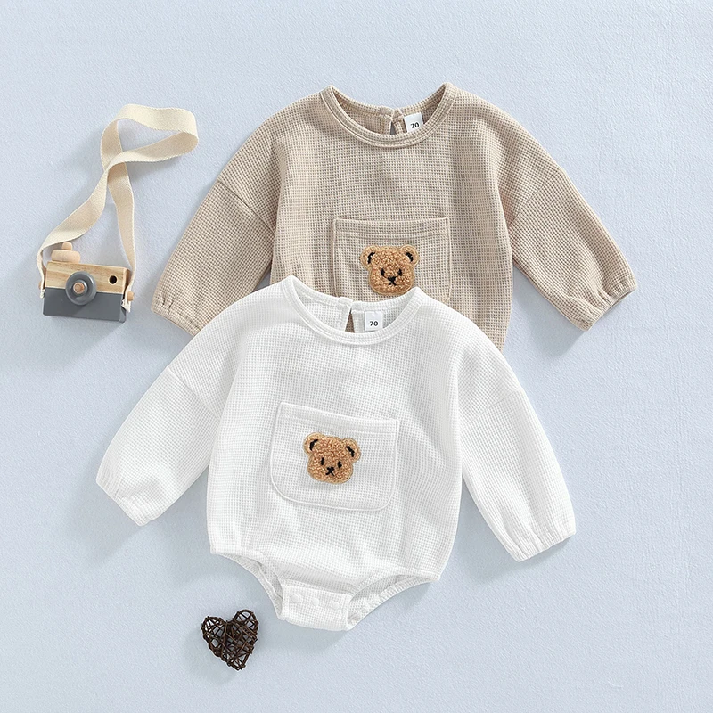 Spring Autumn Newborn Infant Baby Romper Toddler Boys Girls Casual Long Sleeve Bear Embroidery Front Pocket Bodysuit For 0-24M images - 6