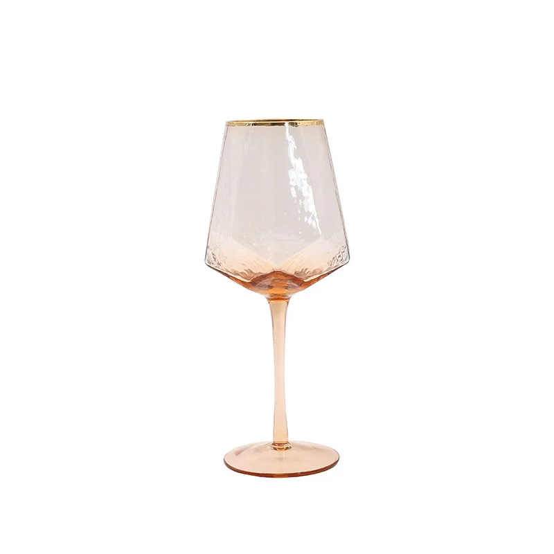 

Geometric Wine Glass Cups Hammered Lead-Free Champagne Glass Coral Gold Side Red Wine Goblet Glass